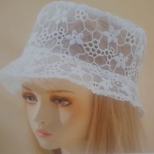 White lace bucket hat with white lace fingerless gloves